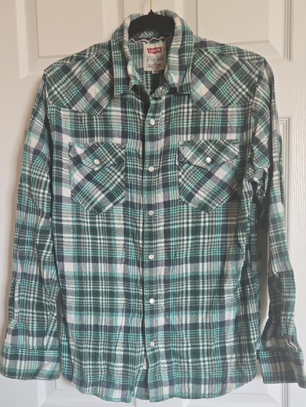 Levi's Teal, Black & White Plaid Flannel Shirt